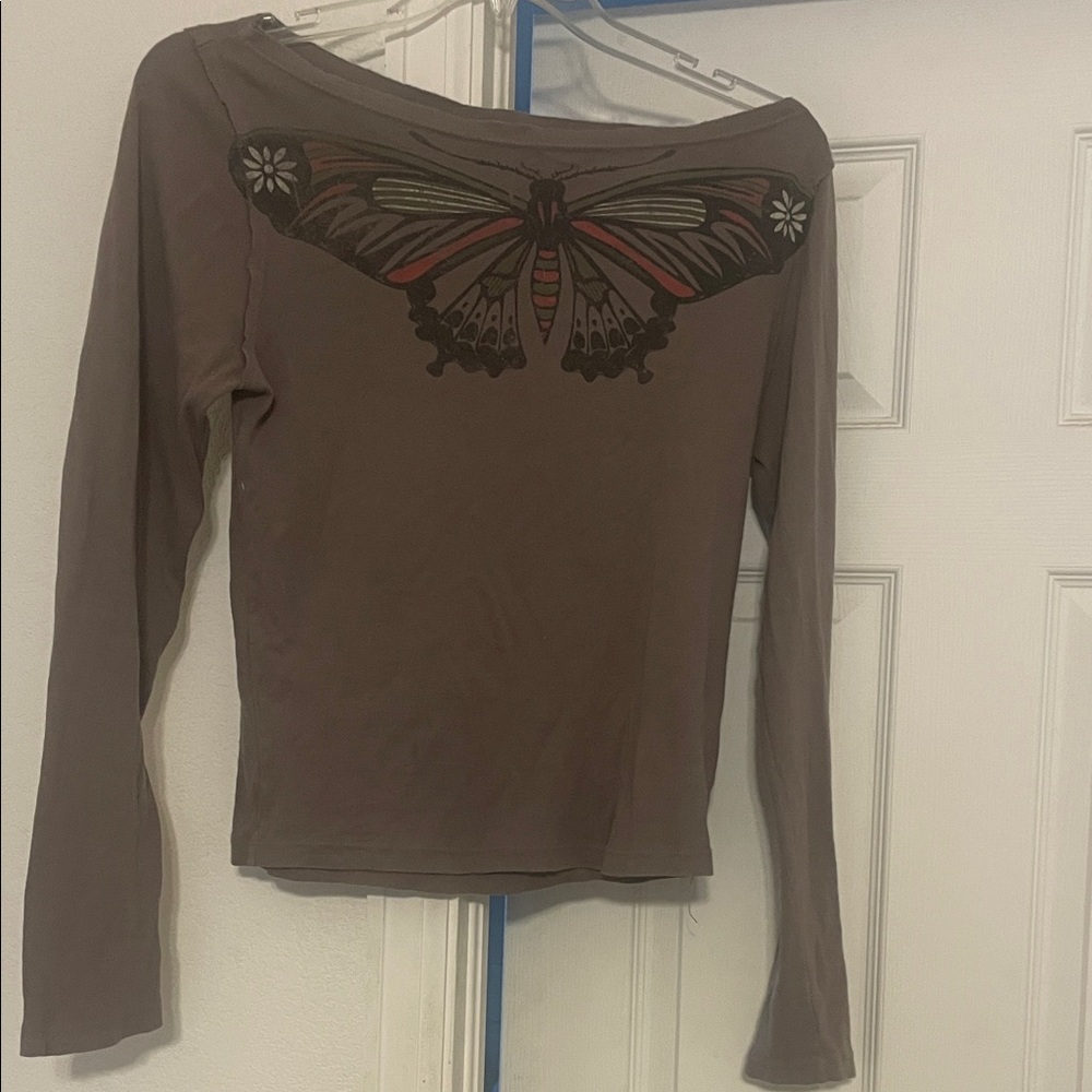 Free People Long-Sleeve Butterfly Graphic Top - Taupe with Red & Olive Accents
